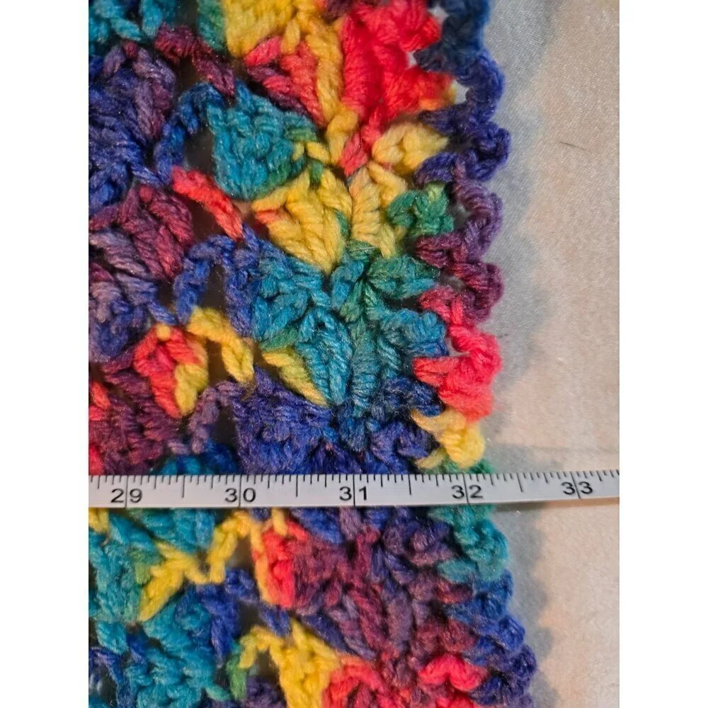 Vintage Handmade Colorful Knit Throw Blanket Pink Yellow Blue